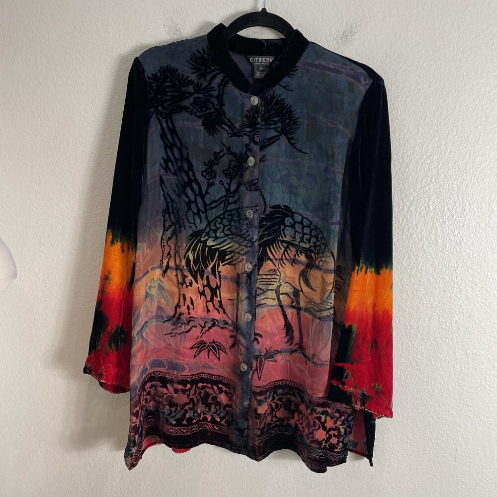 Citron Santa Monica Tunic Top Womens XL Multicolor Crane Velvet Burnout‎ Boho - Picture 9 of 13